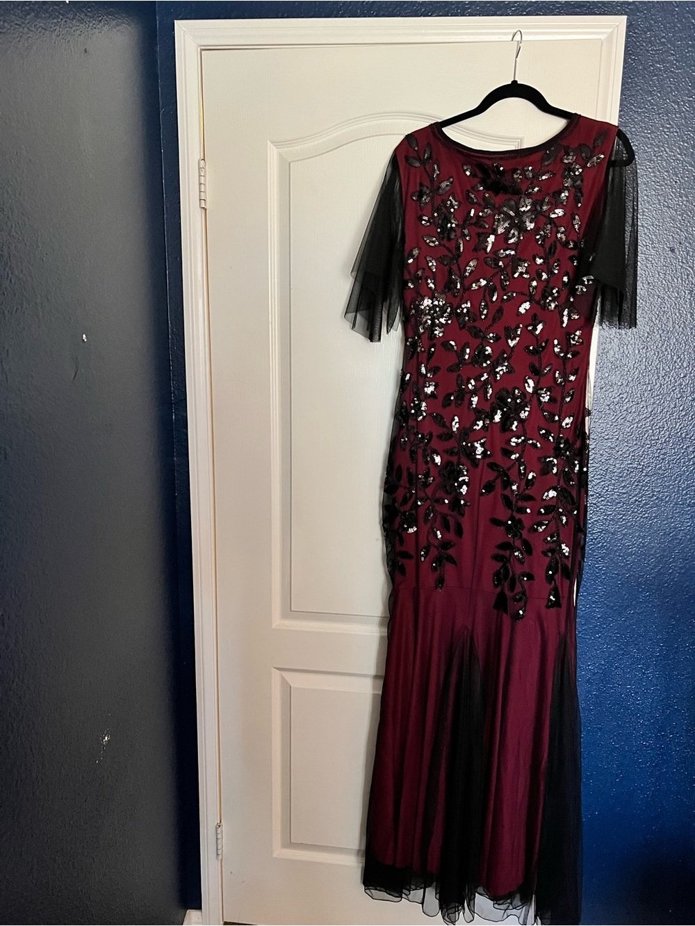 Burgundy & Black Sequin Beaded Formal Gown Mesh Sleeves Mermaid Hem